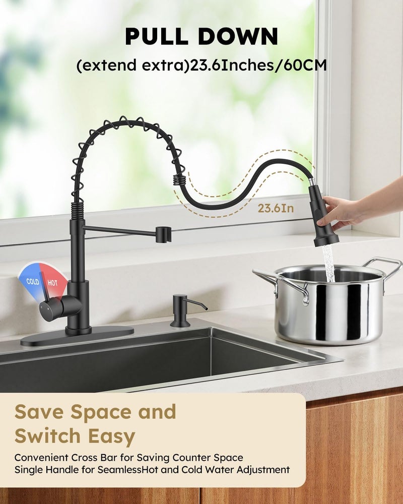 Arofa Kitchen Faucet with Soap Dispenser, Stainless Steel Kitchen Sink Faucets with Pull-Down Sprayer 2 Mode, Single Handle Modern Spring Faucet for 1 or 3 Hole, Matte Black RV & Bar Faucets - Image 2